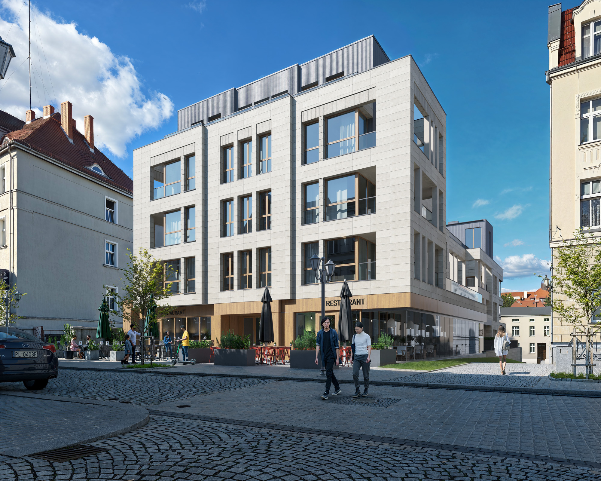 Wizualizacja 3D Rezydencji Caro w Gliwicach — elewacja z piaskowca